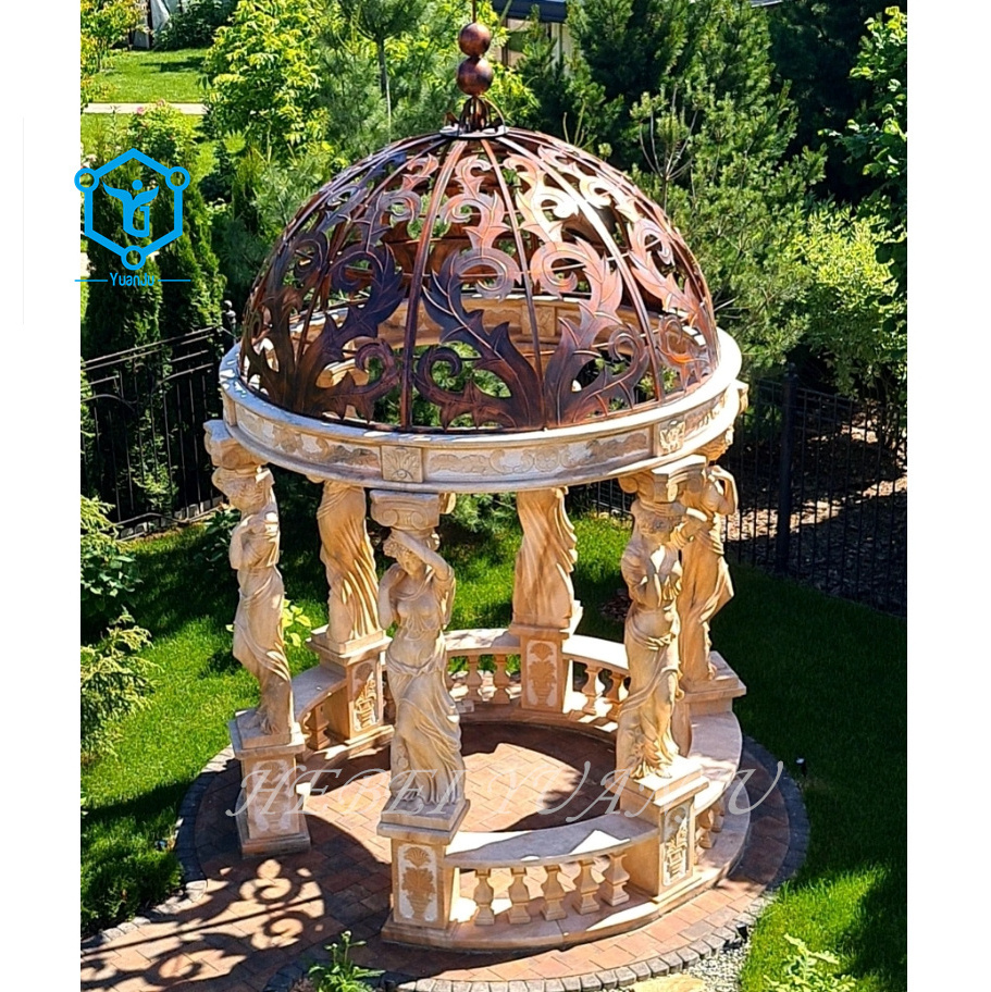 Red Marble Made Hand Carved Garden Roman Stone Gazebo Square Round Marble Gazebo with Woman Statue