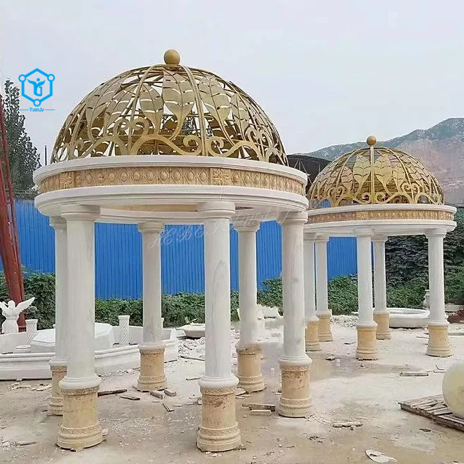 YUANJU Outdoor Garden decorated White Marble Pavilion Gazebo With Metal Roof