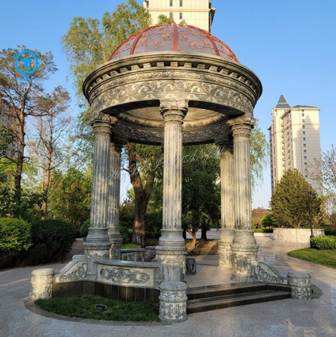 YUANJU Outdoor Garden decorated White Marble Pavilion Gazebo With Metal Roof