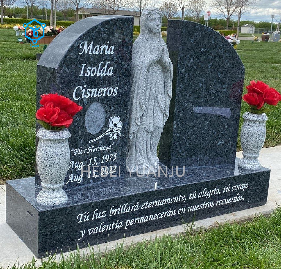 Carved Virgin statue gravestone Red granite cross gravestone