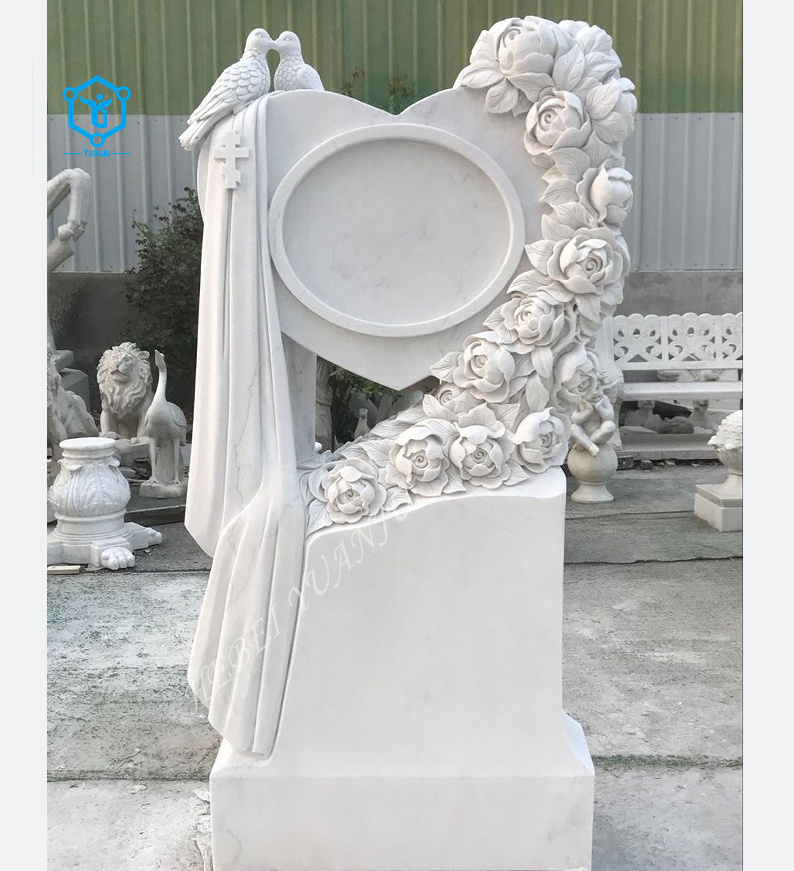 YUANJU New style cemetery natural stone flower carved white marble headstones