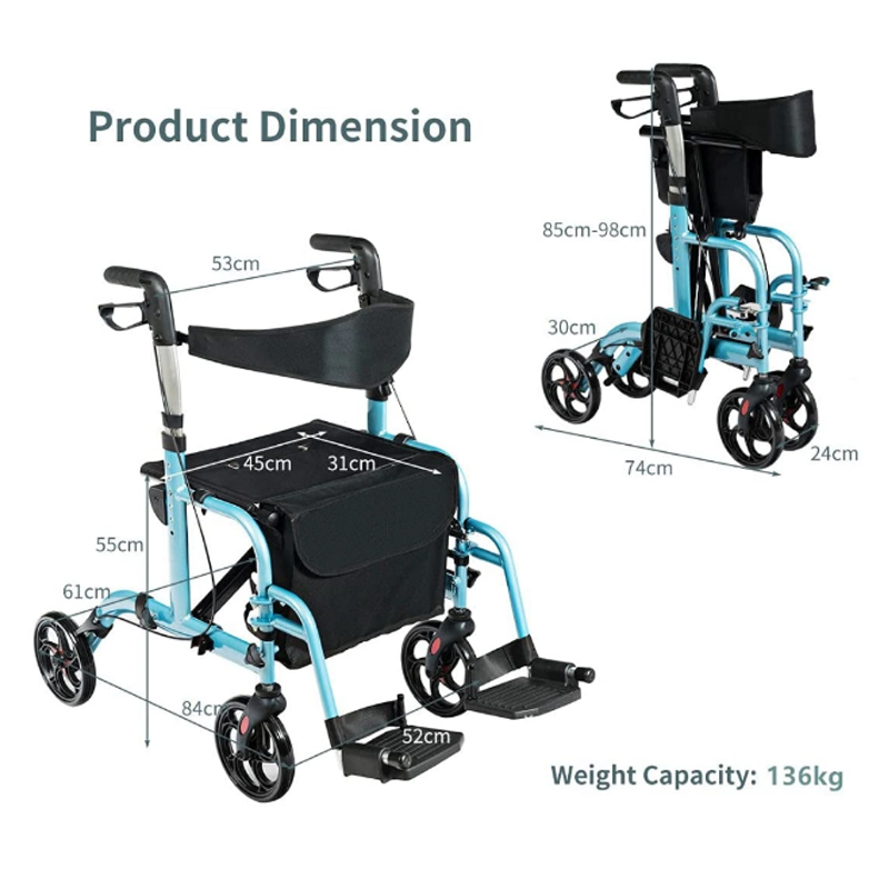 Rollator Folding Walker Portable Elderly Adjustable Shopping Medical Outdoor Aluminium Rollator Walker with Seat