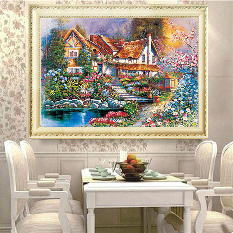 Needlework printed cross stitch, colorful village scenery diy cross stitch kits