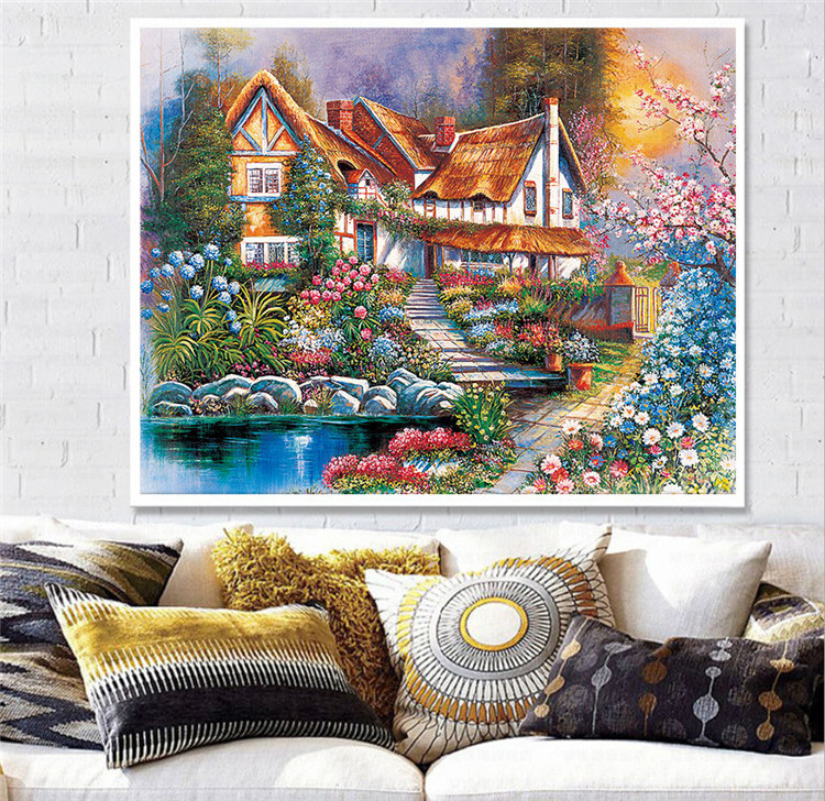 Needlework printed cross stitch, colorful village scenery diy cross stitch kits