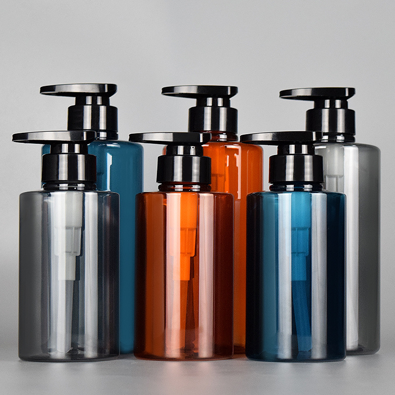 Bottles of wholesale 300ml 500ml Orange blue transparent grey Flat shoulder Shampoo bottle