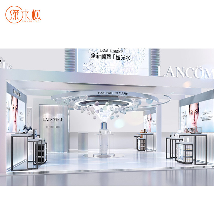 Simple Elegant Design Metal Frame Lockable Cosmetic Mall Kiosk Ideas Retail Store Custom Metal Wood Cosmetic Showcase