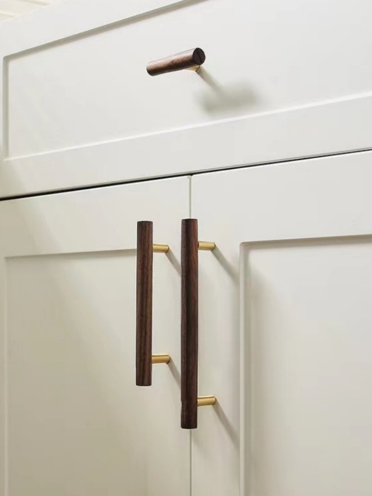 Modern Wood Kitchen Cabinet Pulls Brass Black Walnut Furniture Handles Copper Cupboard Wardrobe Drawer Door Wooden Knobs