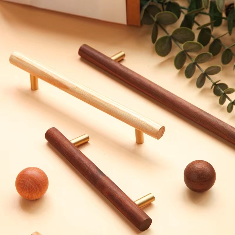 Modern Wood Kitchen Cabinet Pulls Brass Black Walnut Furniture Handles Copper Cupboard Wardrobe Drawer Door Wooden Knobs