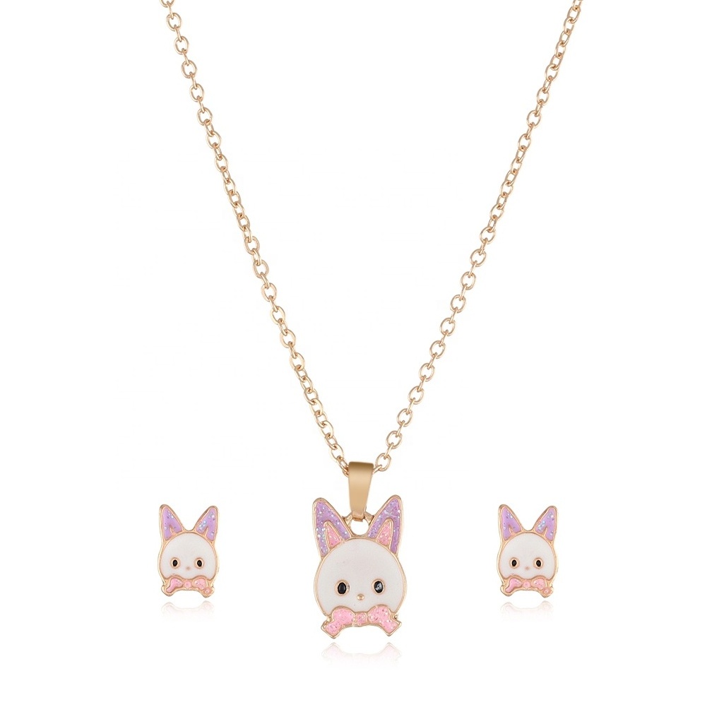 Cartoon Animal Series Rabbit Children's Jewelry Necklace Earrings, BFF Best Friends Necklace jeselry set