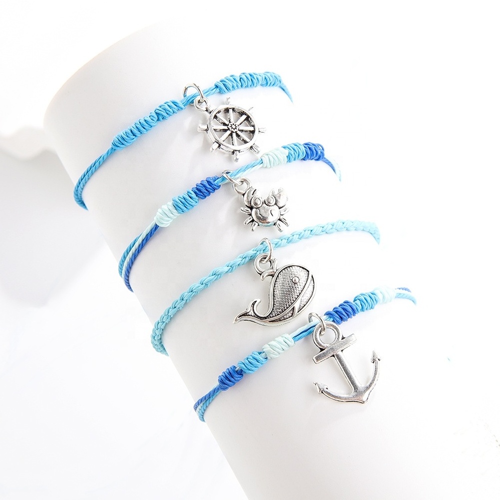 Custom Ocean Series Jewelry Dolphin Turtle Fish Anchor Starfish charm braided rope bracelets jewelry zinc alloy  charms