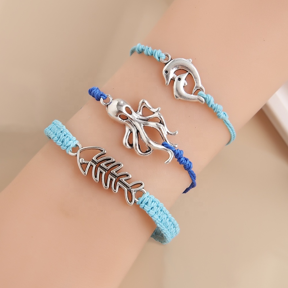 Custom Ocean Series Jewelry Dolphin Turtle Fish Anchor Starfish charm braided rope bracelets jewelry zinc alloy  charms