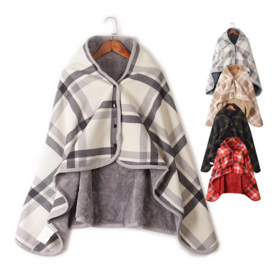 Plaid Shawl Thickened Cloak Blanket Button-down Office Shawl Blanket Travel Warm Poncho Soft Cold Wearable flannel Blanket Shaw