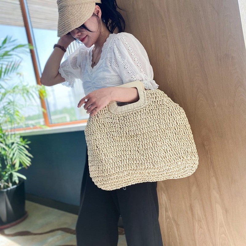 ECO Wholesale summer large paper straw tote handbag zipper closure wood handle straw beach bags for women