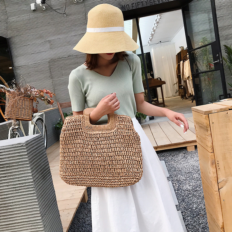 ECO Wholesale summer large paper straw tote handbag zipper closure wood handle straw beach bags for women