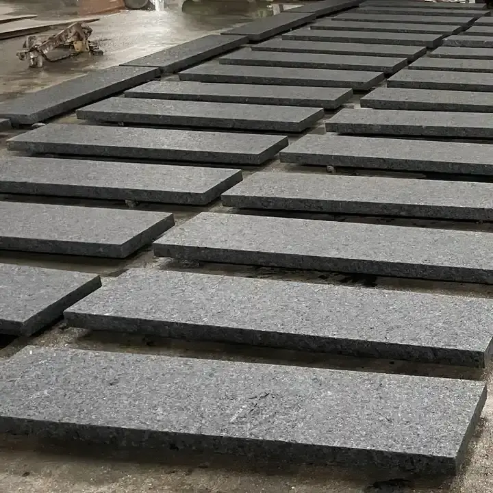 Outdoor Thick  Black Granite Slab Natural Split China Flamed Black Granite Slab Step Price