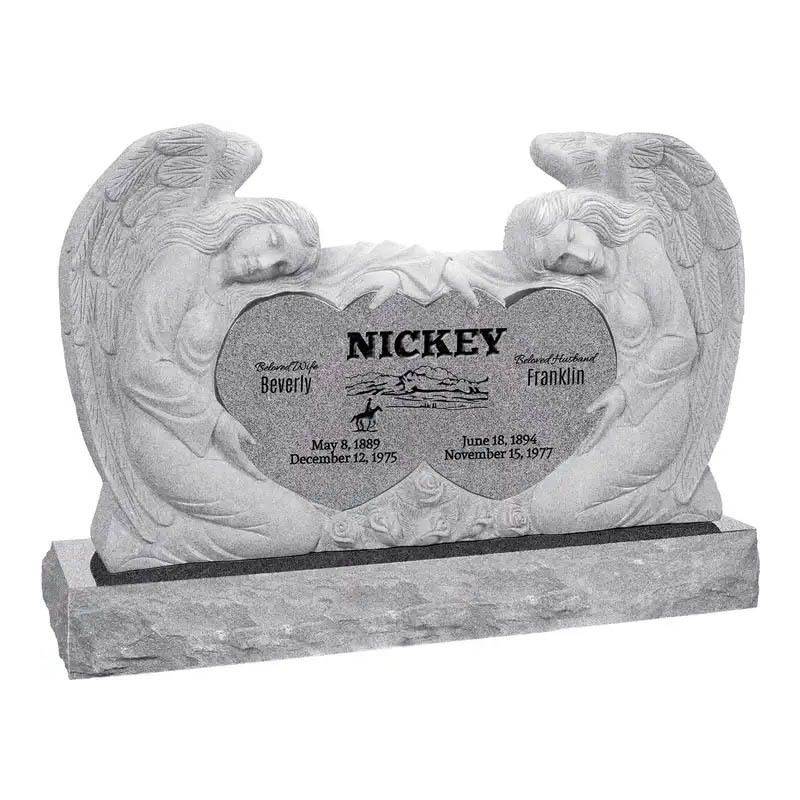 Factory Wholesale OEM ODM Black Granite Double Angels and Hearts Upright Double Headstone For Graves