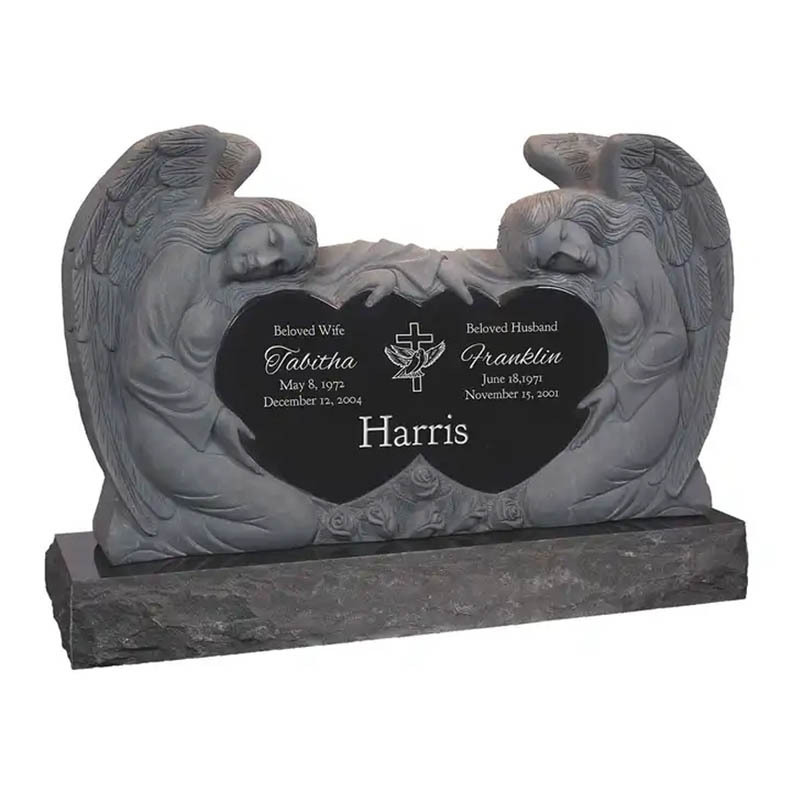 Factory Wholesale OEM ODM Black Granite Double Angels and Hearts Upright Double Headstone For Graves