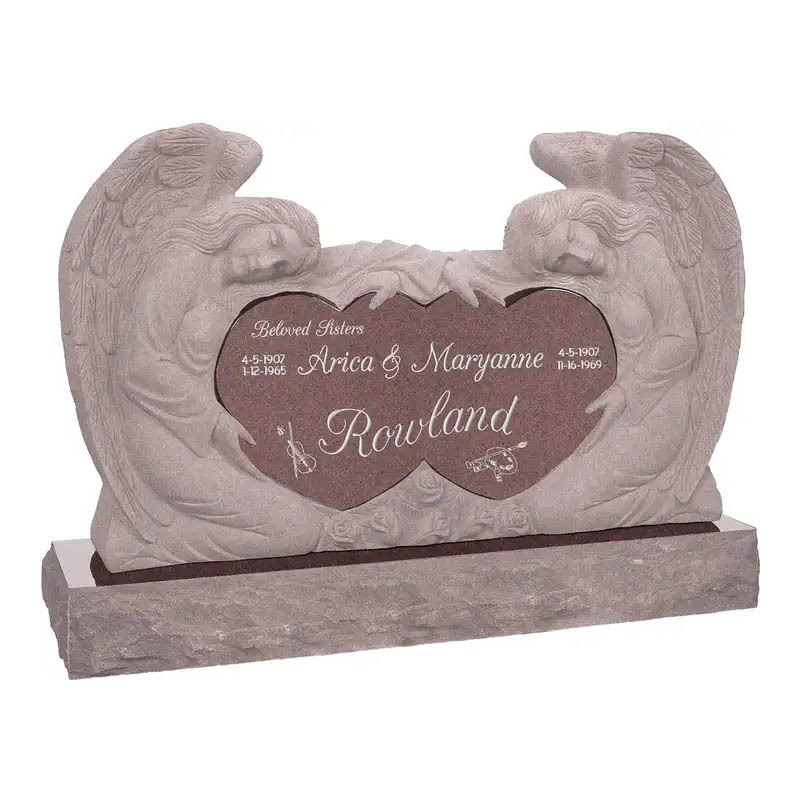 Factory Wholesale OEM ODM Black Granite Double Angels and Hearts Upright Double Headstone For Graves