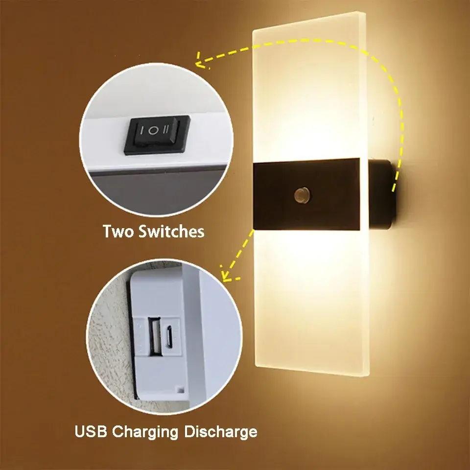 USB Recharge Lamp Touch Motion Sensor Switch Indoor Acrylic Night Lights Bedroom Bedside Sconce Nordic LED Wall Light