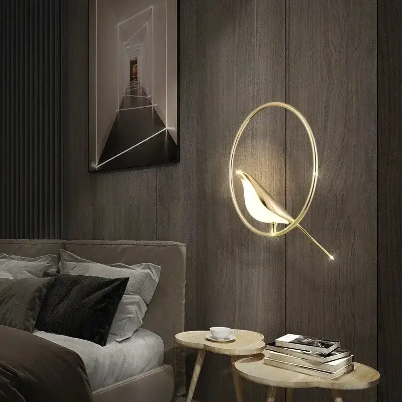 Gold Magpie Bird Led Wall Lamp Parlor Bedside Hanging Light Fixture Novelty Rotatable Ceiling Chandelier Bedroom Foyer Sconce