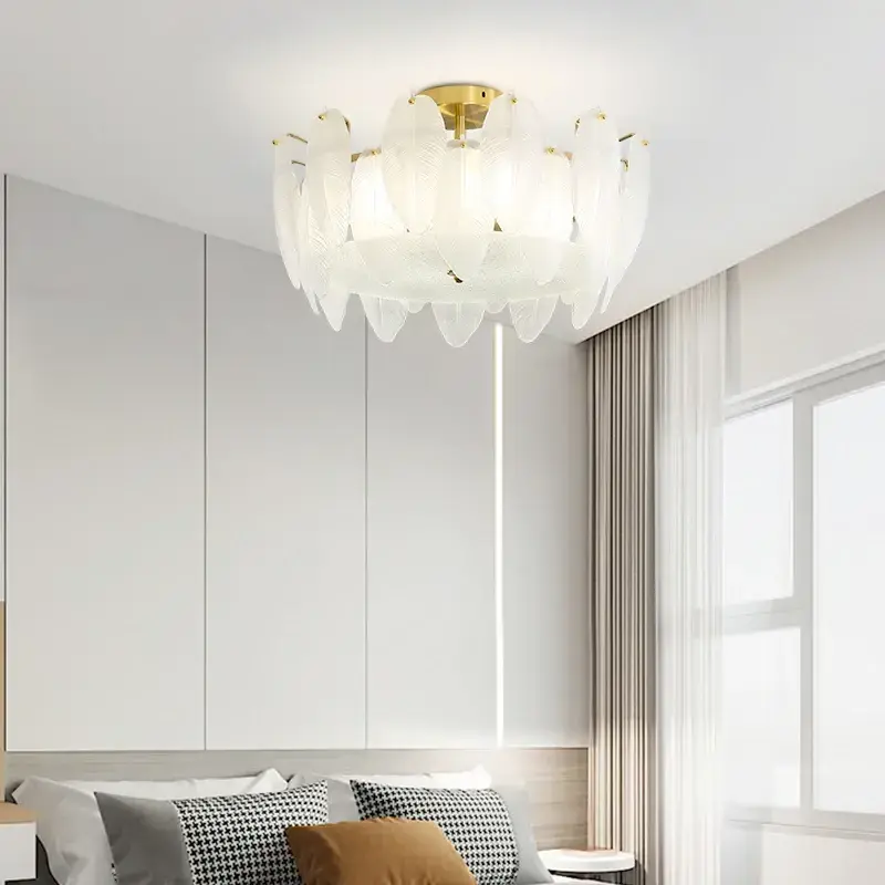 Modern Simple Decor Pearl Feather Glass Chandelier Luxury Living Lamp Bedroom Dining Room Kitchen Designer Pendant Light