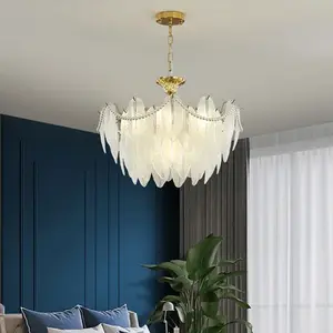 Modern Simple Decor Pearl Feather Glass Chandelier Luxury Living Lamp Bedroom Dining Room Kitchen Designer Pendant Light