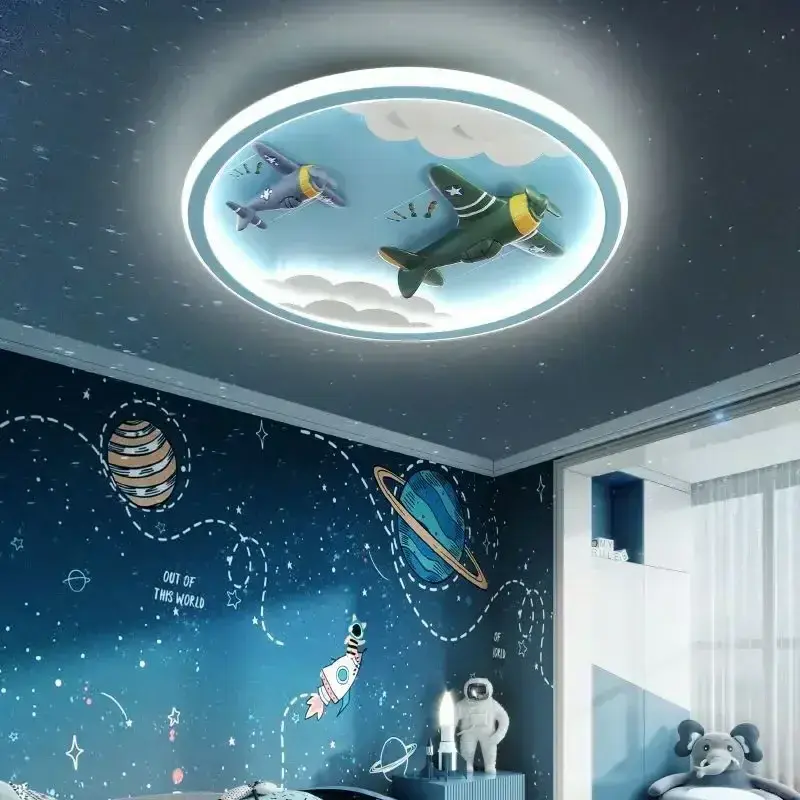 Creative Airplane Led Lights Kids Room Boys Bedroom Nursery Blue Cartoon Cloud Rocket Aircraft Ceiling Lamp Chandelier