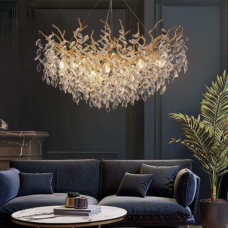 Modern Gold Luxury Crystal Chandeliers for Dining Room Living Room Branch Hanging Lamp Large Lighting Fixture