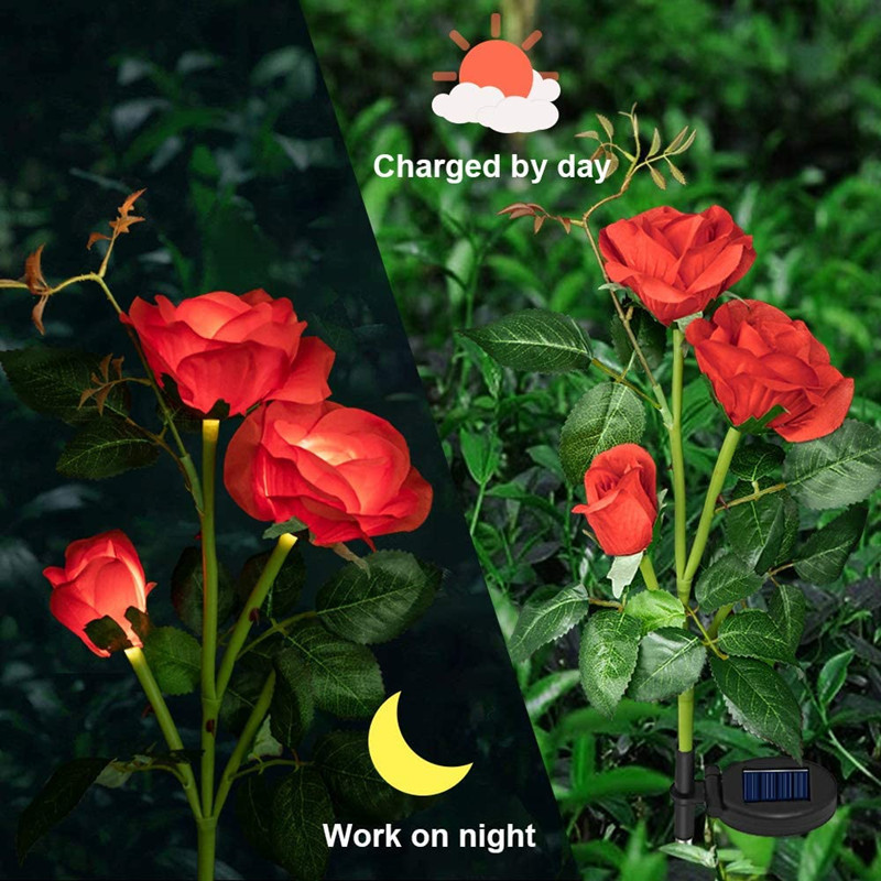 amazon cross-border simulation rose garden decorative 3 head flower solar lawn lights