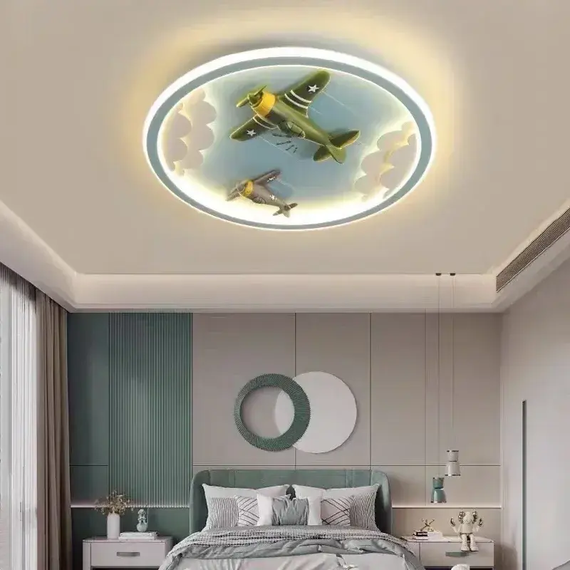 Creative Airplane Led Lights Kids Room Boys Bedroom Nursery Blue Cartoon Cloud Rocket Aircraft Ceiling Lamp Chandelier