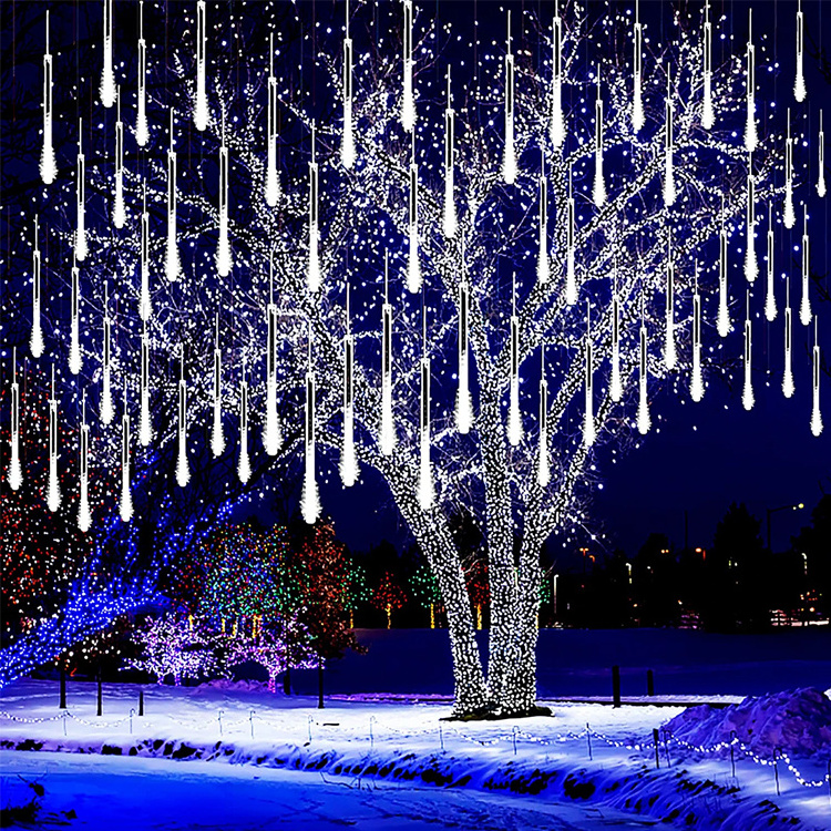 Solar Star Falling Rain Christmas Curtains Meteor Fairy Garden Icicle Round Tube String Lights