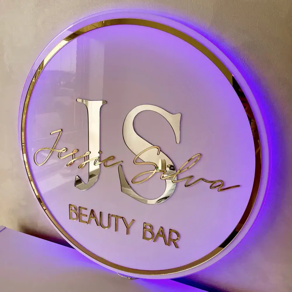 Custom Business Logo 3D Acrylic Sign Office Company Name Beauty Salon Nail Hair Studio Wall Decor LED Neon Lights 3D Metal Signs