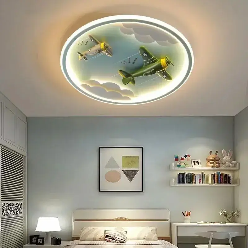 Creative Airplane Led Lights Kids Room Boys Bedroom Nursery Blue Cartoon Cloud Rocket Aircraft Ceiling Lamp Chandelier