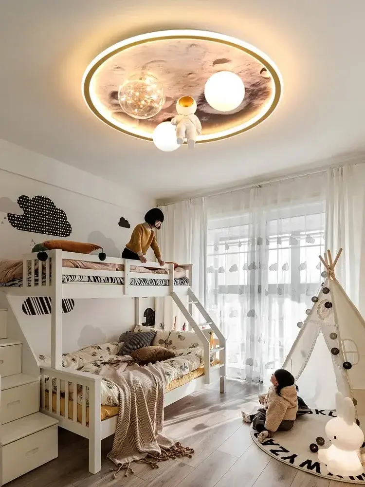 Modern Astronaut Led Ceiling Lamps For Children's Room Bedroom Study Kids Baby Cartoon Grey Moon Chandelier Home Light Fixtures