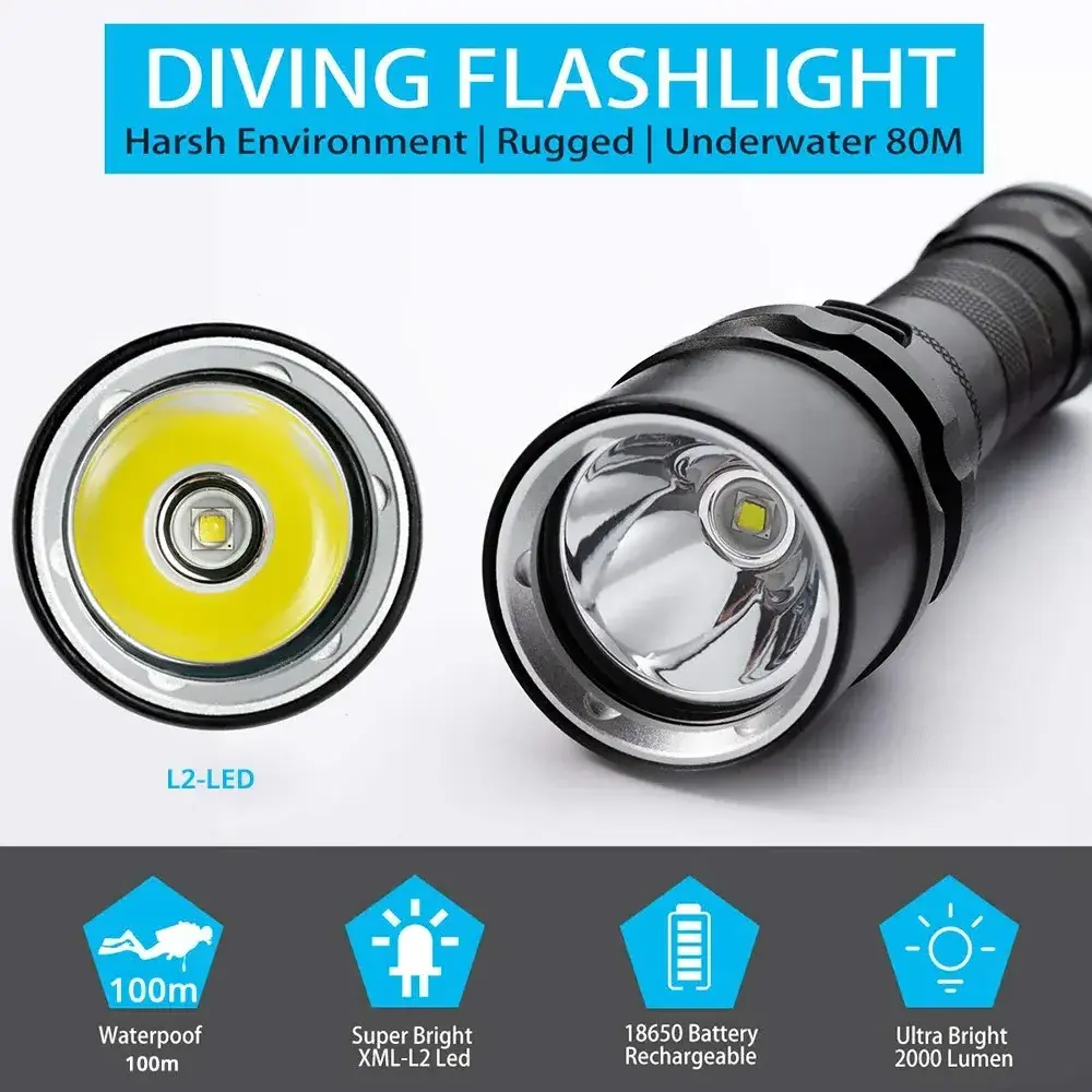 Super bright Flashlight IP68 highest waterproof rating Professional diving light Powered by 18650 battery With hand rope