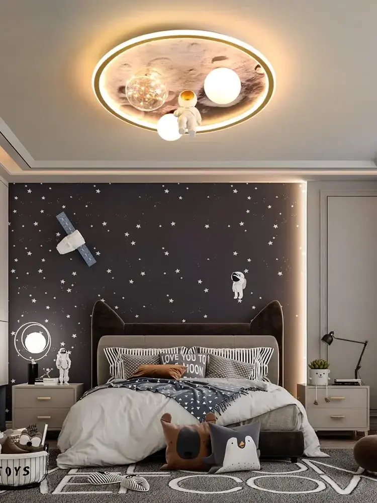 Modern Astronaut Led Ceiling Lamps For Children's Room Bedroom Study Kids Baby Cartoon Grey Moon Chandelier Home Light Fixtures