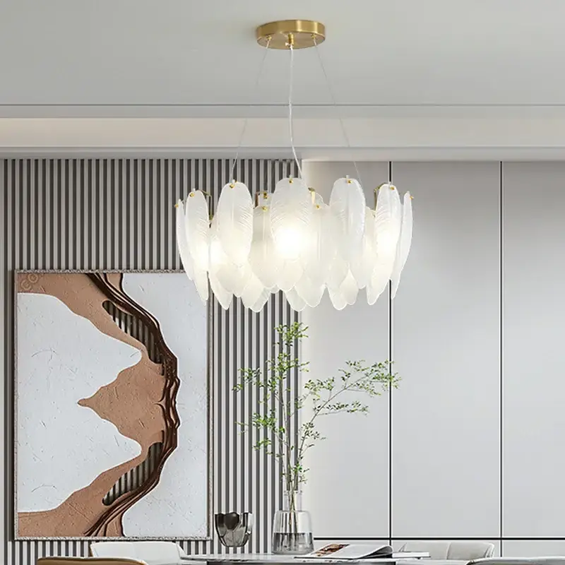 Modern Simple Decor Pearl Feather Glass Chandelier Luxury Living Lamp Bedroom Dining Room Kitchen Designer Pendant Light