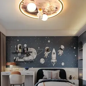 Modern Astronaut Led Ceiling Lamps For Children's Room Bedroom Study Kids Baby Cartoon Grey Moon Chandelier Home Light Fixtures