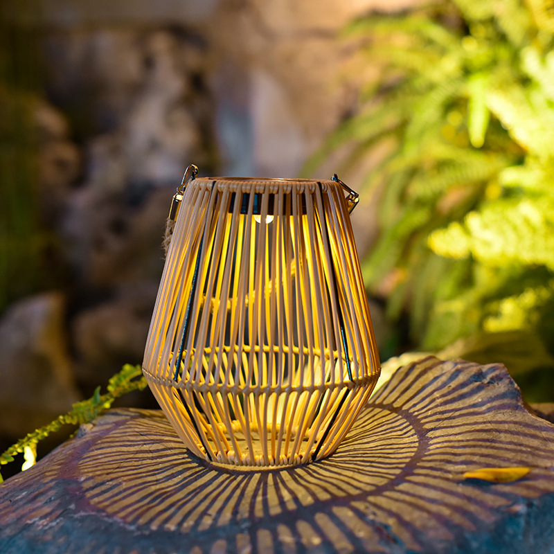 Solar outdoor lawn garden bamboo woven rattan atmosphere Chinese retro balcony decoration hanging night light