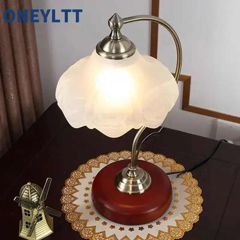 Retro Rustic Table Vintage Lotus Glass Lampshade Handmade Wooden Base Antique Cute Desk Lamp for Bedroom Bedside Nightstand