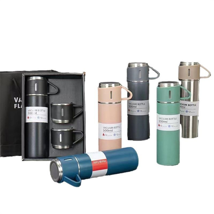 Custom Luxury 500Ml Double Wall Vacuum Cup Flask Thermos Water Bottle Gift Box Set Water Bottle Gift Pack With 3 Lids