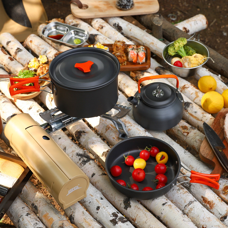 C016 Wholesale camping outdoors 3 in 1 pancake pan coffee kettle cooking pot set