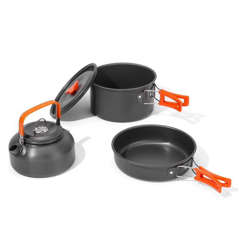 C016 Wholesale camping outdoors 3 in 1 pancake pan coffee kettle cooking pot set