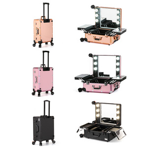 Large Capacity Aluminum Cosmetic Beauty Professional Trolley Make Up Case Portable  Travel Makeup Bag Case With Led Light Mirror