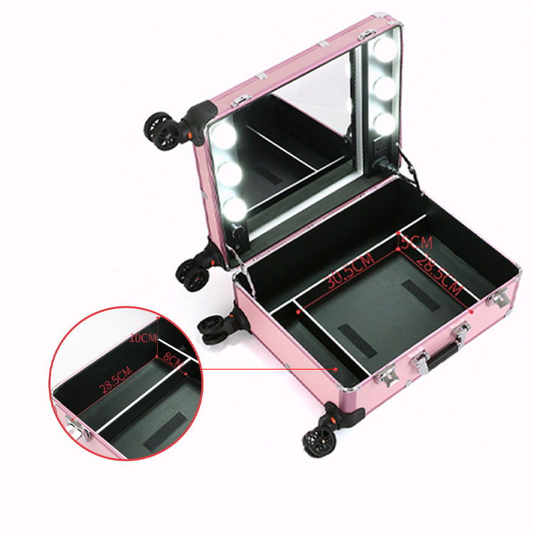 Large Capacity Aluminum Cosmetic Beauty Professional Trolley Make Up Case Portable  Travel Makeup Bag Case With Led Light Mirror