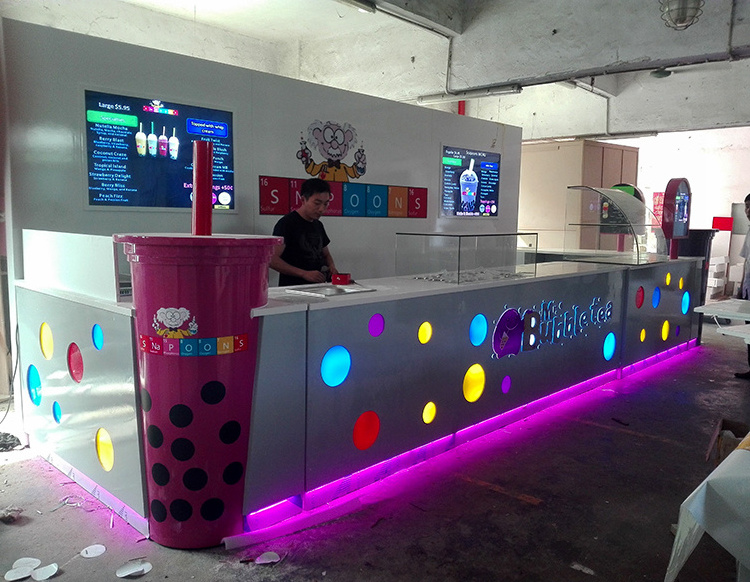 Customized Portable Coffee Bar Counter L-shape Ice Cream Fruit Juice Kiosk For Shopping Mall