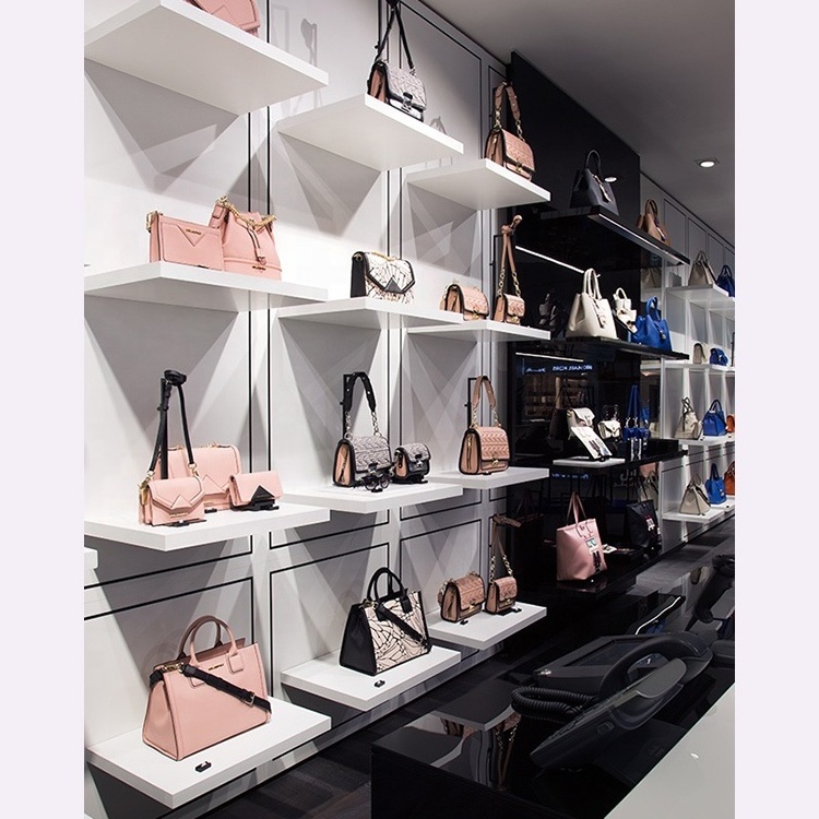 Bag shop wall display cabinet with led lights wood display furniture for handbag store display shelf fittings design