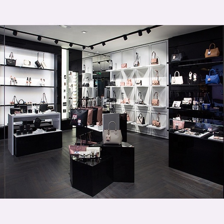 Bag shop wall display cabinet with led lights wood display furniture for handbag store display shelf fittings design