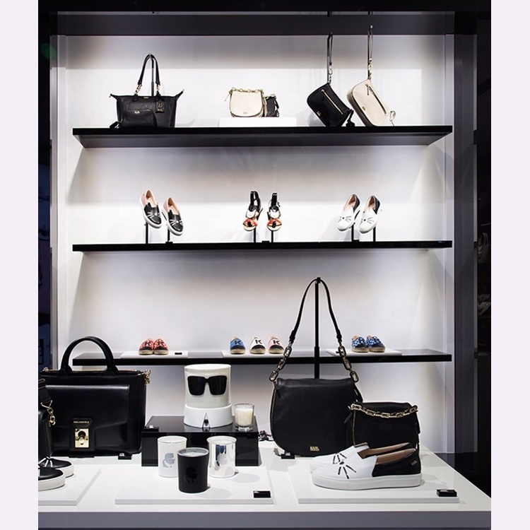 Bag shop wall display cabinet with led lights wood display furniture for handbag store display shelf fittings design