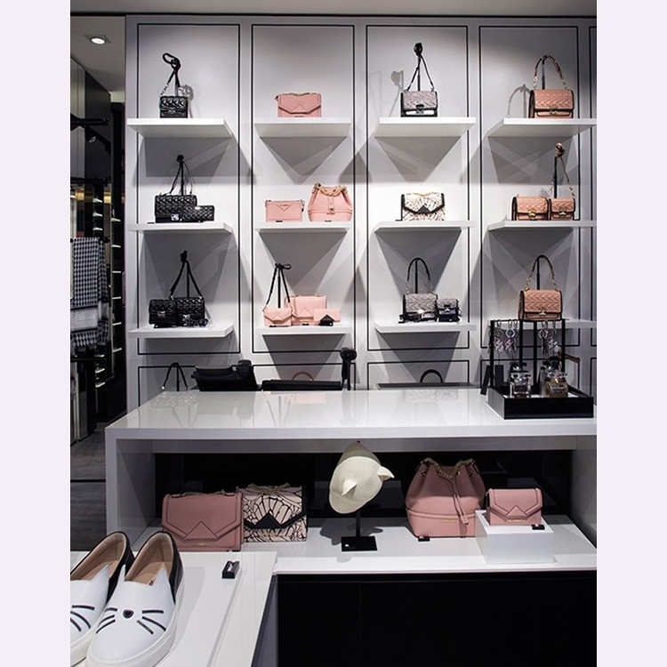 Bag shop wall display cabinet with led lights wood display furniture for handbag store display shelf fittings design